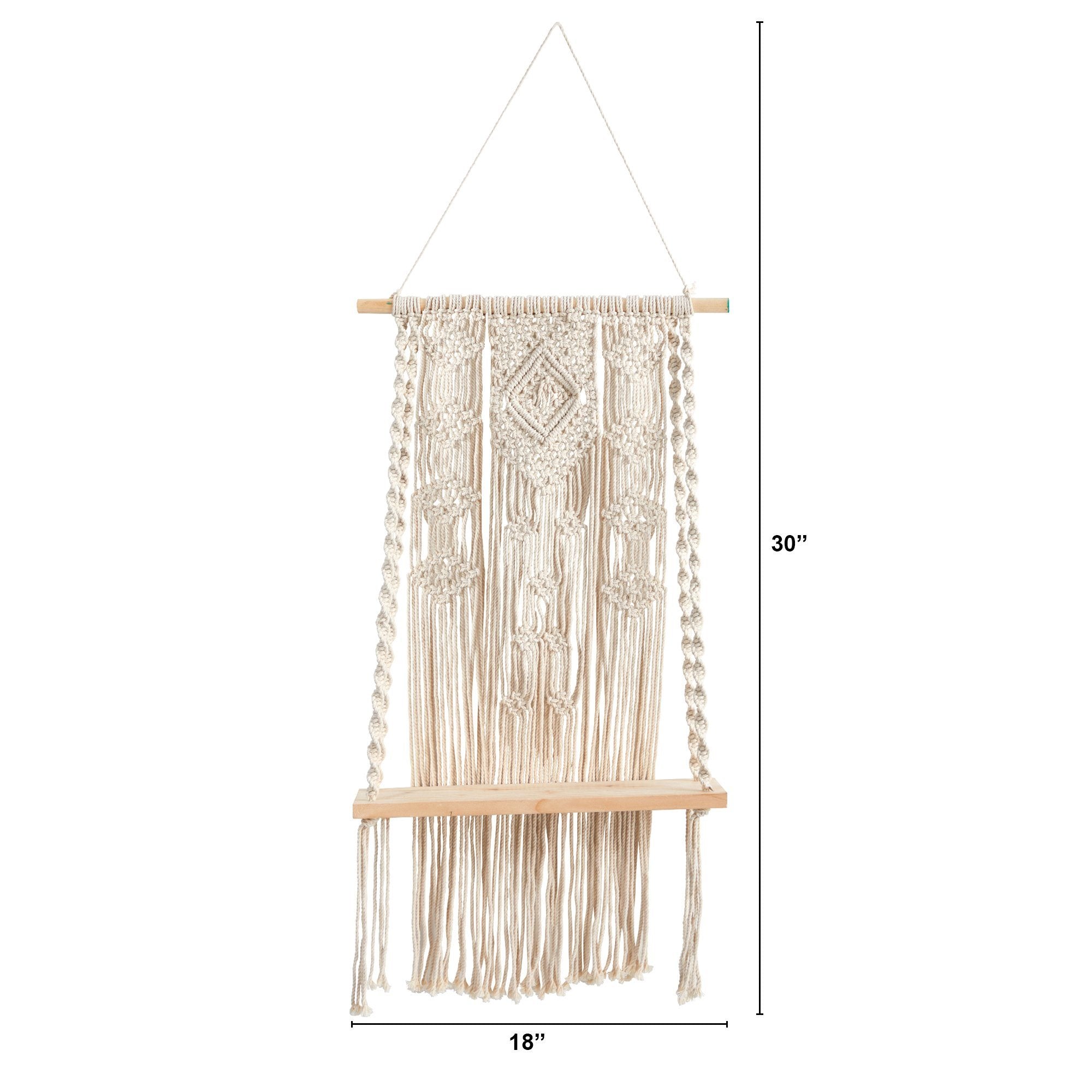 2.5’ x 1.5’ Hand Crafted Woven Macrame Wall Hanging with Wooden Shelf