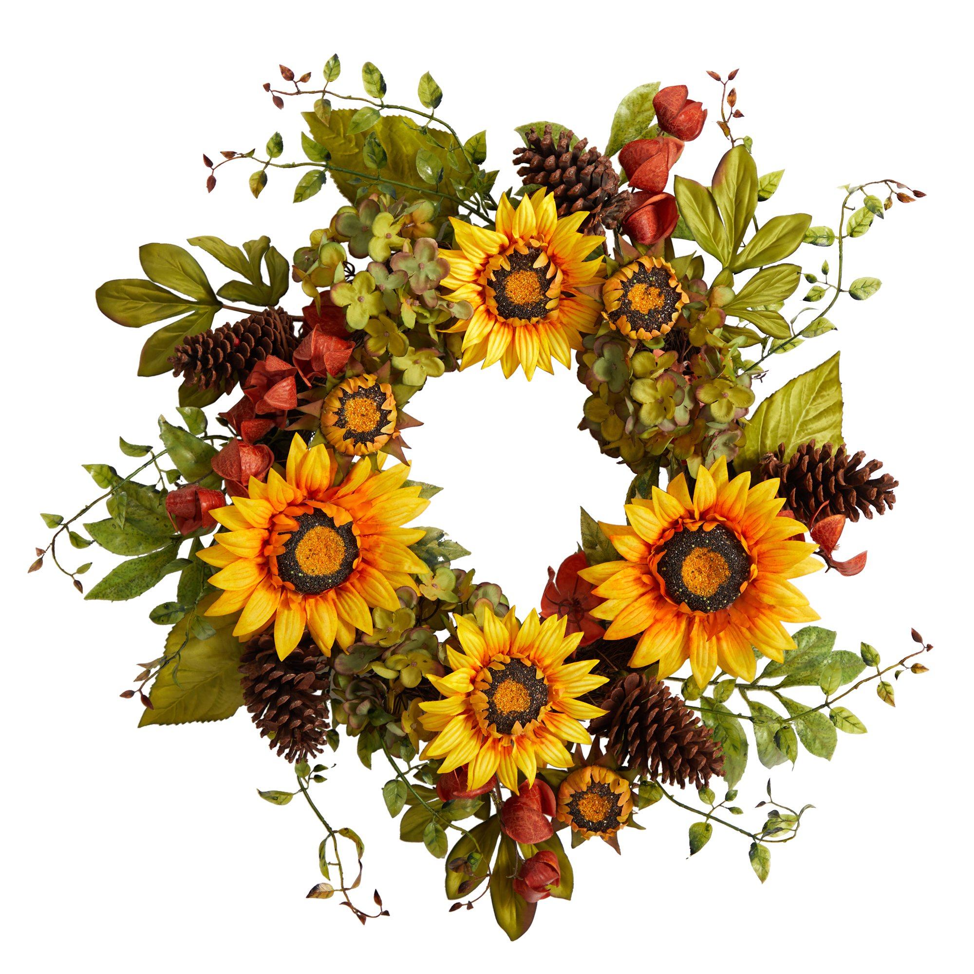 26” Fall Hydrangea, Sunflower and Pinecones Artificial Autumn Wreath