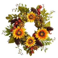 26” Fall Hydrangea, Sunflower and Pinecones Artificial Autumn Wreath