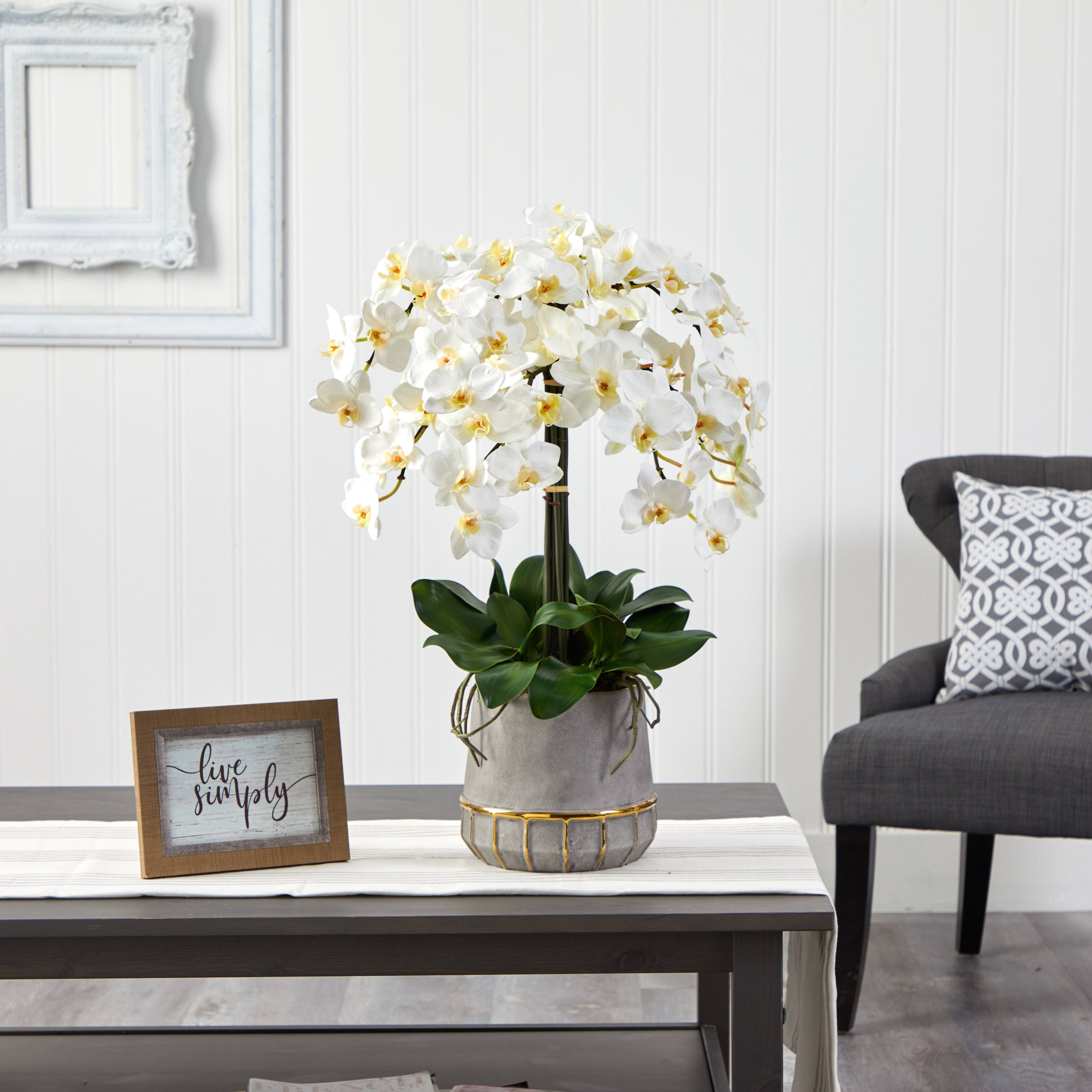 26” Phalaenopsis Orchid Artificial Arrangement in Stoneware Vase with Gold Trimming