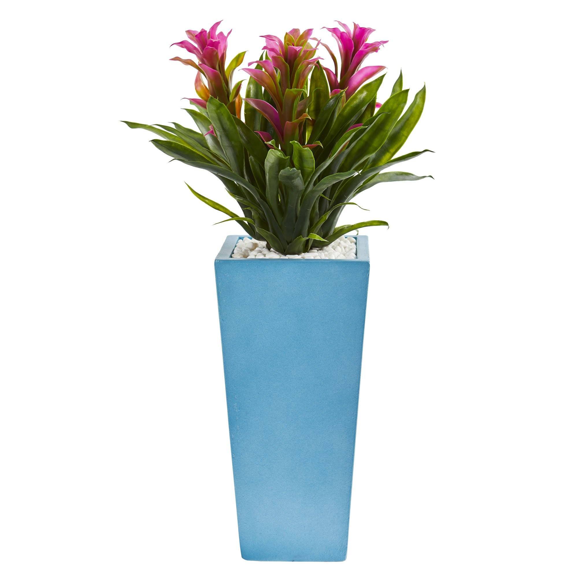 26” Triple Bromeliad Artificial Plant in Turquoise Tower Vase