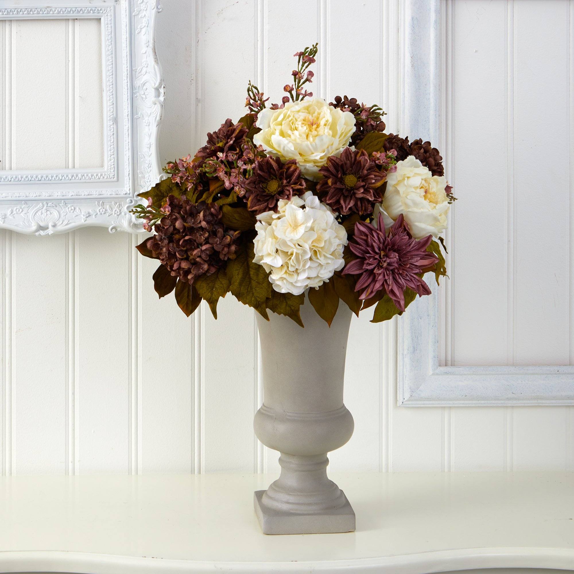 27” Peony, Hydrangea and Dahlia Artificial Arrangement in Sand Colored Urn