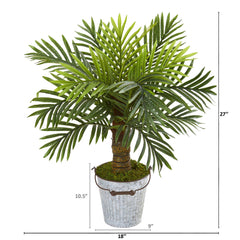 27” Robellini Palm Artificial Tree in White Washed Vintage Metal Pail