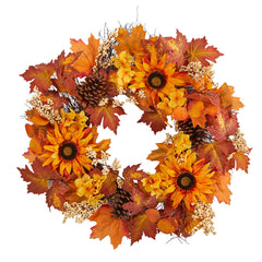 28” Autumn Maple Leaves, Sunflower, White Berries and Pinecones Artificial Fall Wreath