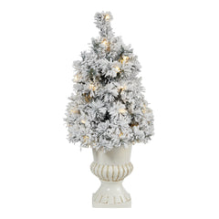 28” Flocked Artificial Christmas Tree with 30 Clear LED Lights in White Urn