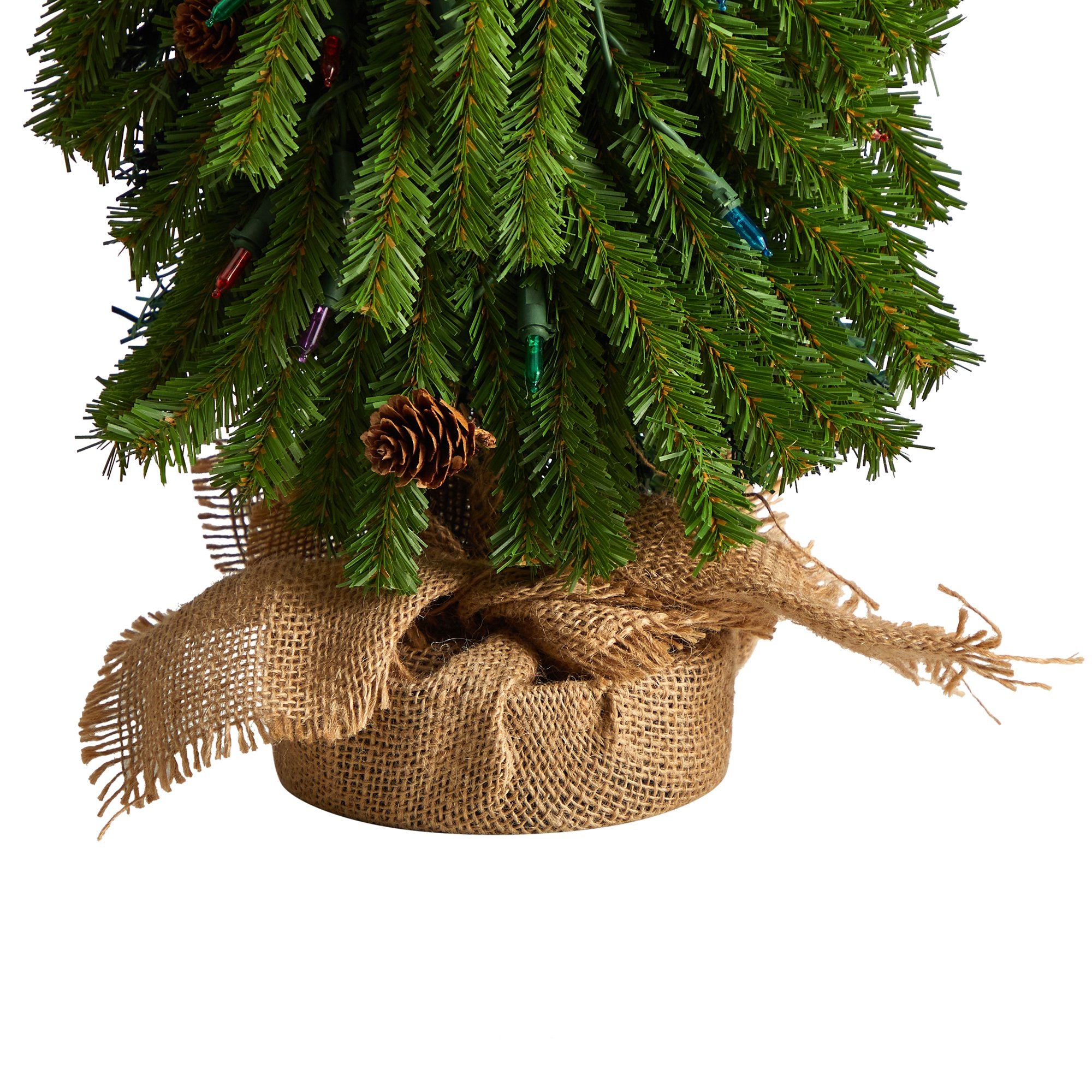 3’ Artificial Christmas Tree with Pinecones and 50 Multicolored Lights Set in a Burlap Base