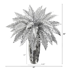 3’ Metallic Silver Boston Fern Artificial Plant in Silver Planter