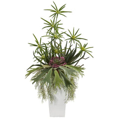 3’ Staghorn, Succulent and Cyperus Artificial Plant in White Planter