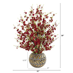30” Cherry Blossom Artificial Arrangement in Stoneware Vase with Gold Trimming