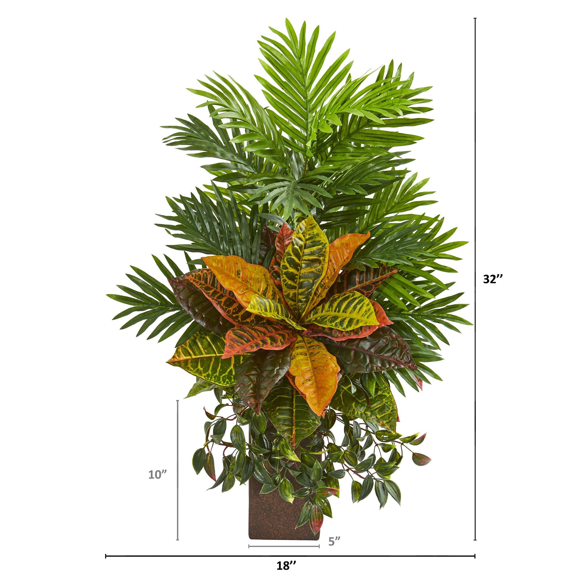 32” Areca Palm and Croton Artificial Plant in Weathered Vase