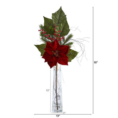 32” Poinsettia, Berries and Pine Artificial Arrangement in Glass Vase