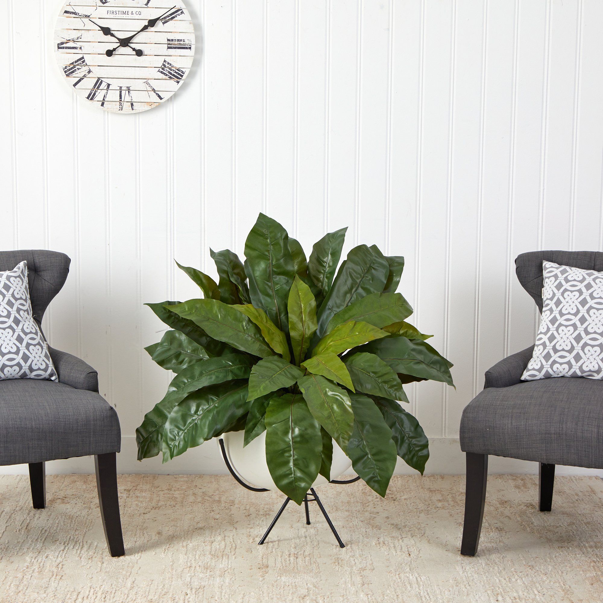 34” Bird’s Nest Fern Artificial Plant in White Planter with Metal Stand