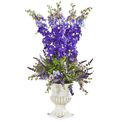 34” Delphinium and Lavender Arrangement in White Urn