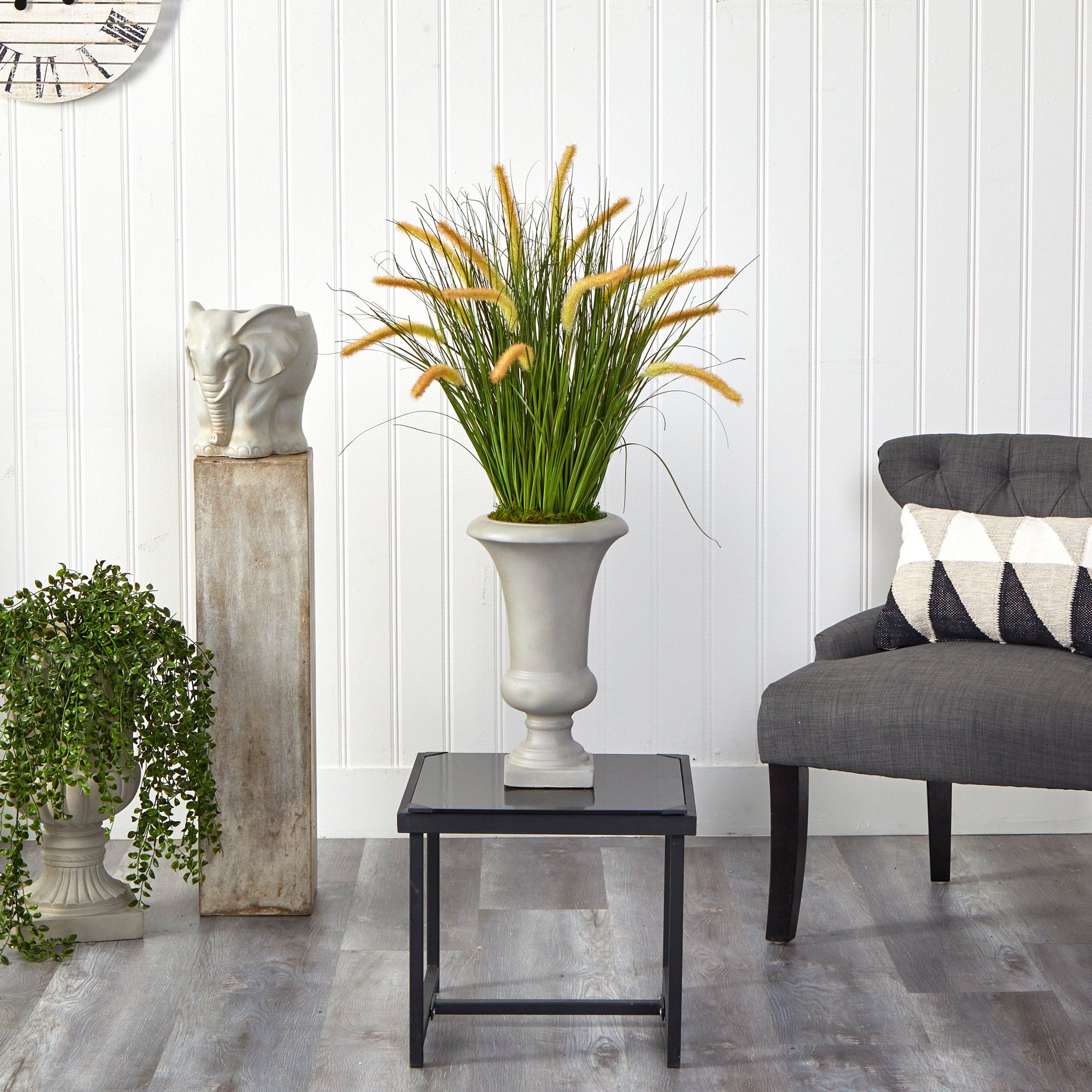 34” Onion Grass Artificial Plant in Sand Colored Urn