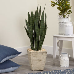 34” Sansevieria Artificial Plant in Country White Planter