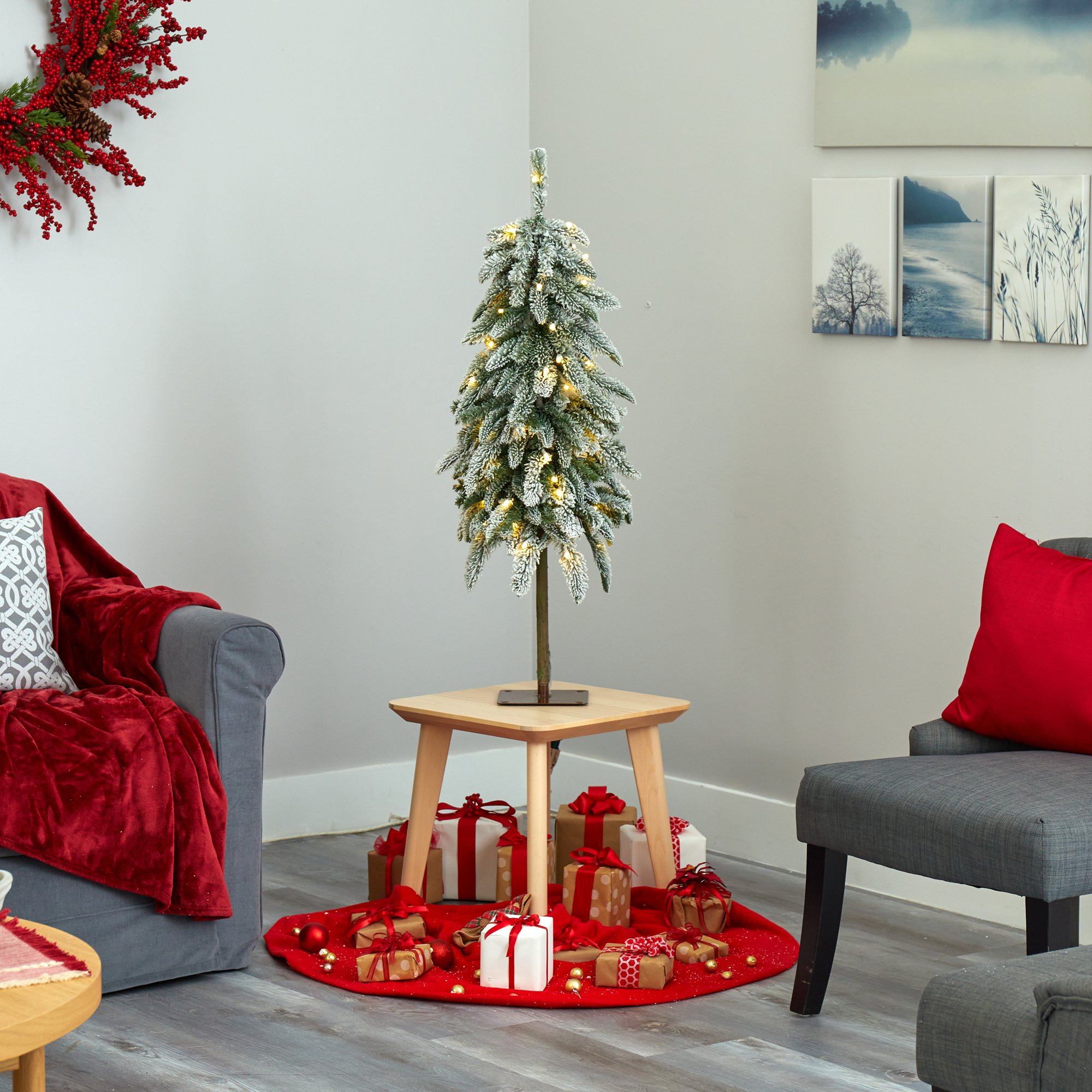 3.5’ Flocked Washington Alpine Christmas Tree with 50 White Warm LED lights and 168 Bendable Branches