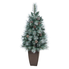 3.5’ Frosted Tip British Columbia Mountain Pine Artificial Christmas Tree with 50 Clear Lights, Pine Cones and 112 Bendable Branches in Metal Planter