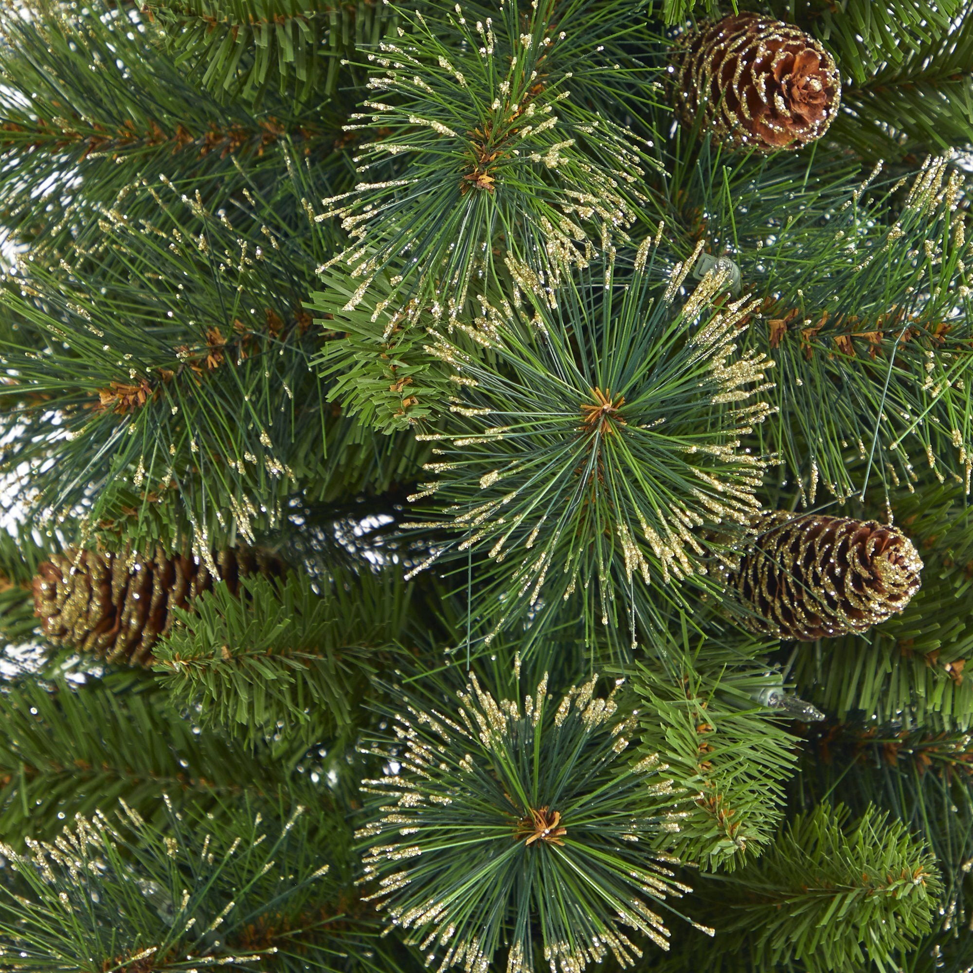 3.5’ Golden Tip Washington Pine Artificial Christmas Tree with 50 Clear Lights, Pine Cones and 148 Bendable Branches in Black Metal Planter