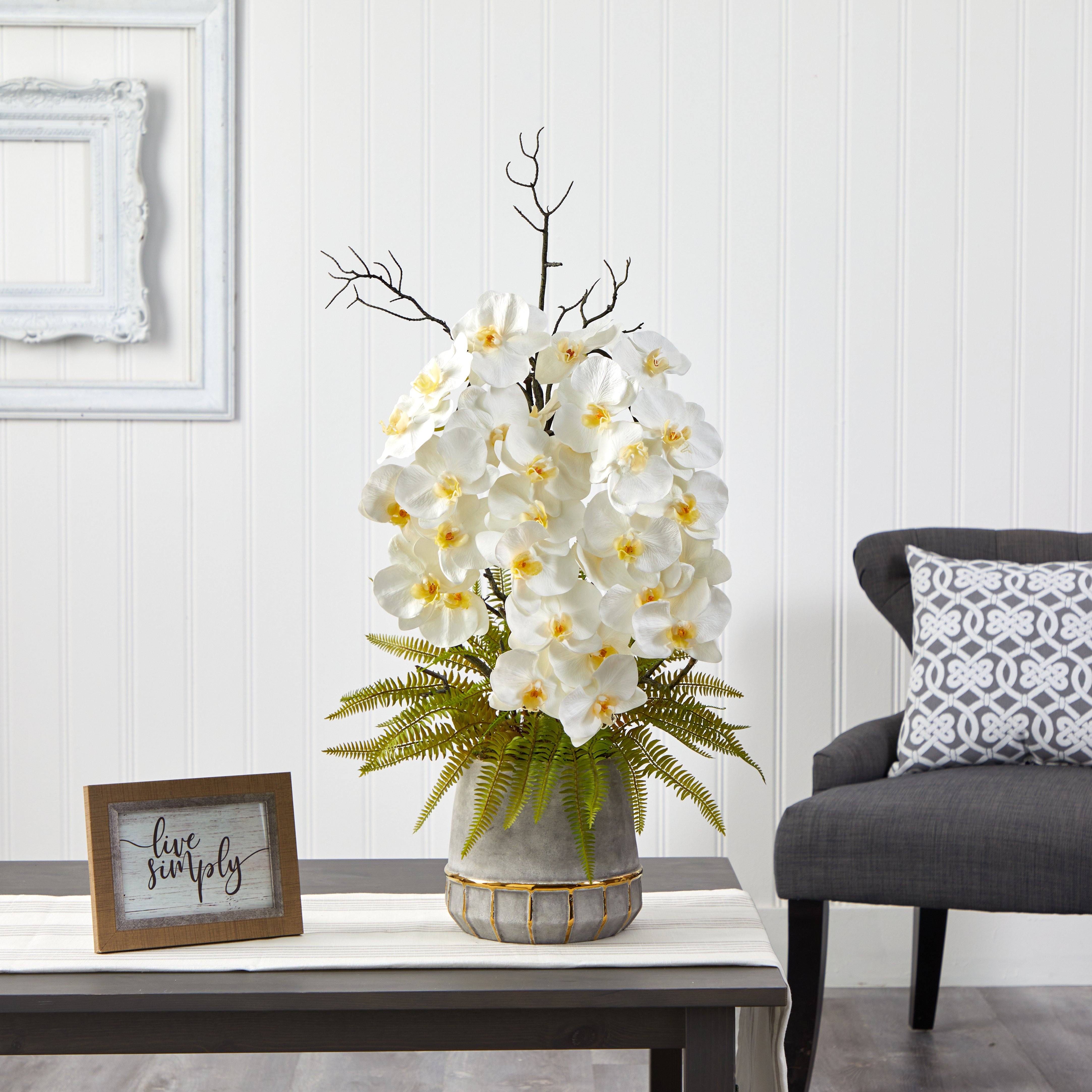35” Phalaenopsis Orchid and Fern Artificial Arrangement in Stoneware Vase with Gold Trimming