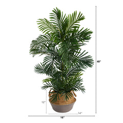 4’ Areca Palm Tree in Boho Chic Handmade Cotton & Jute Gray Woven Planter UV Resistant