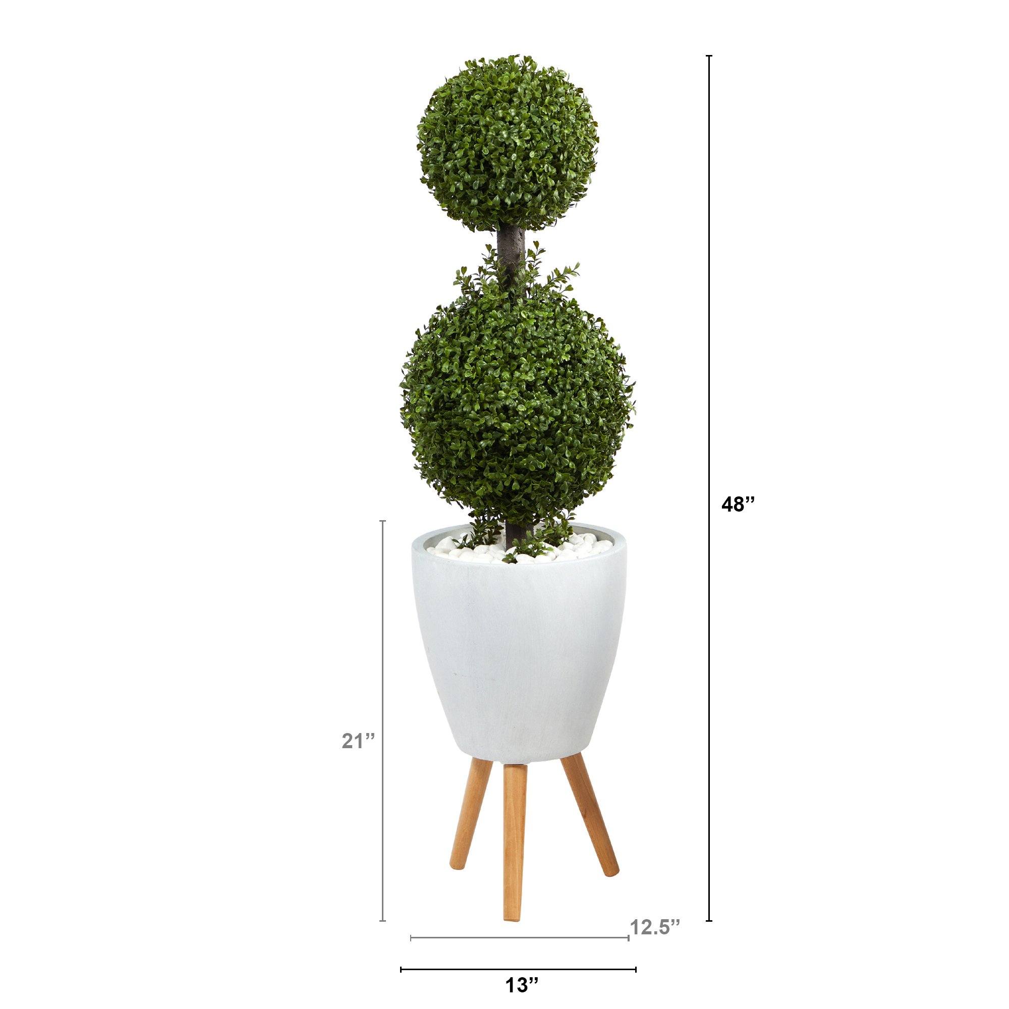 4’ Double Boxwood Topiary Artificial Tree in White Planter with Stand (Indoor/Outdoor)