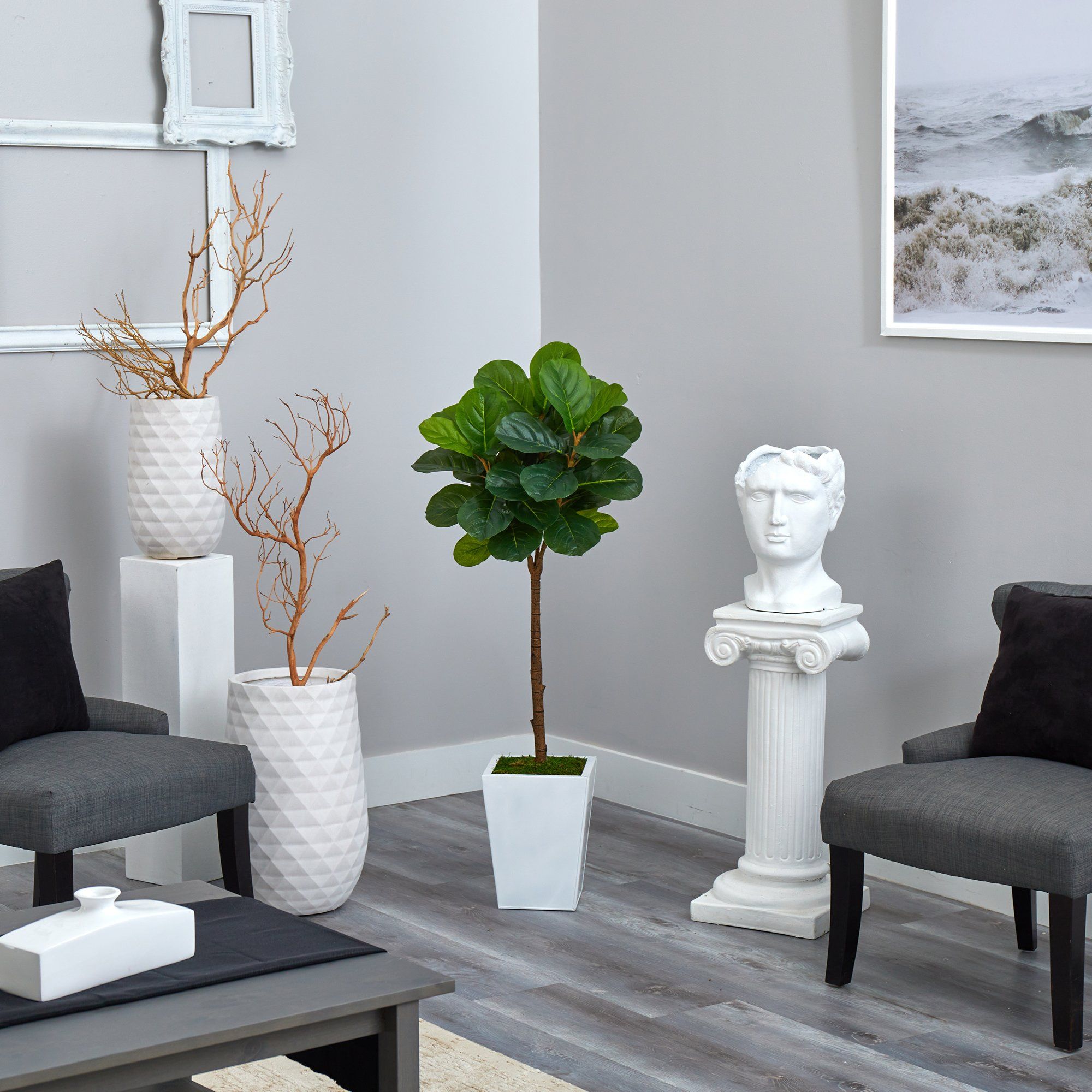4’ Fiddle Leaf Tree in White Metal Planter (Real Touch)