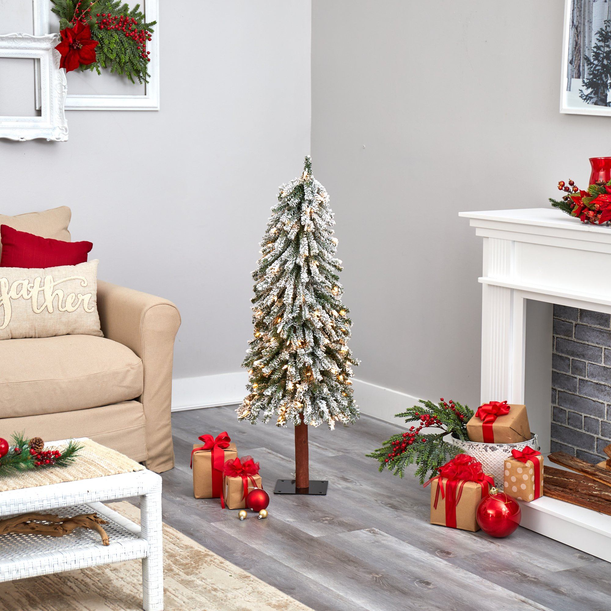 4’ Flocked Grand Alpine Artificial Christmas Tree with 100 Lights and 361 Branches on Natural Trunk