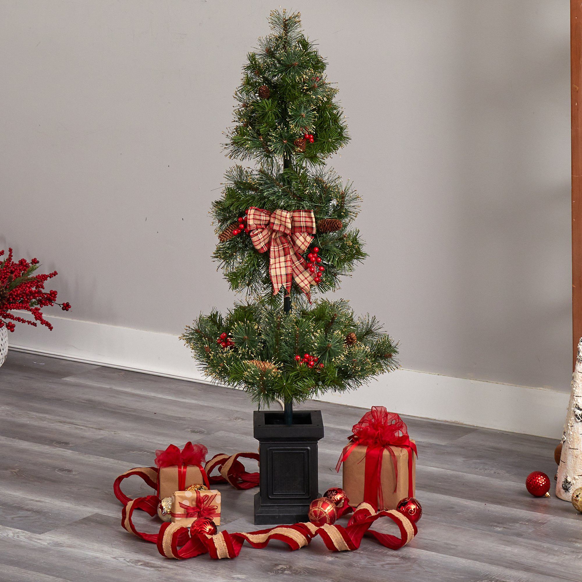 4’ Topiary Tree with Decorative Ribbon, Berries, 70 Clear LED Lights and 109 Branches in Planter