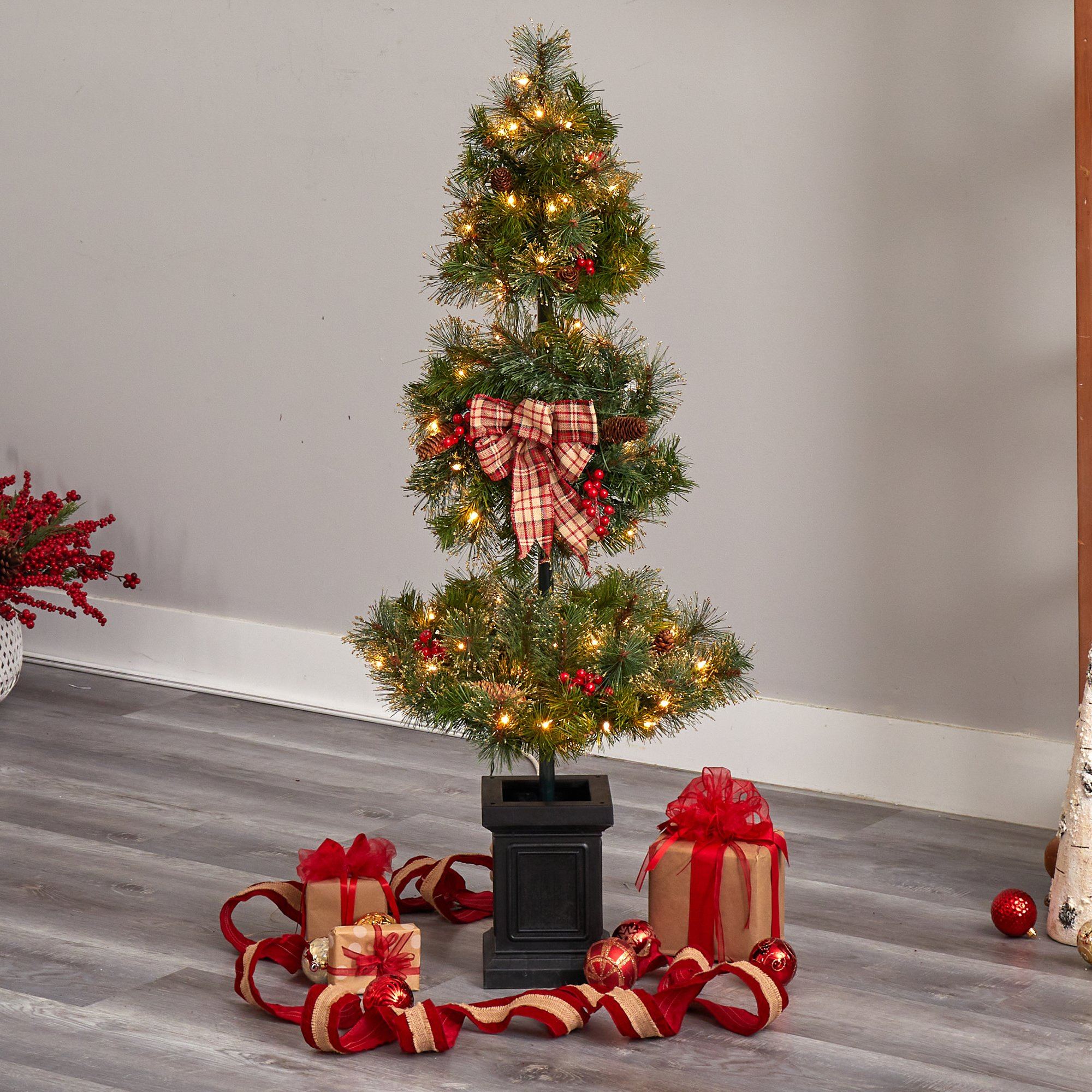 4’ Topiary Tree with Decorative Ribbon, Berries, 70 Clear LED Lights and 109 Branches in Planter
