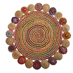 4’ x 4’ Hand Braided Colorful Chindi Jute Mandala Round Rug