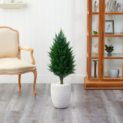 40” Cypress Tower Artificial Tree in White Planter (Indoor/Outdoor)