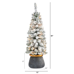 40” Flocked Pencil Artificial Christmas Tree with 50 Clear Lights and 132 Bendable Branches in Planter with Brass Trimming
