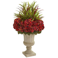 43” Hydrangea and Grass Artificial Plant in Stone Urn