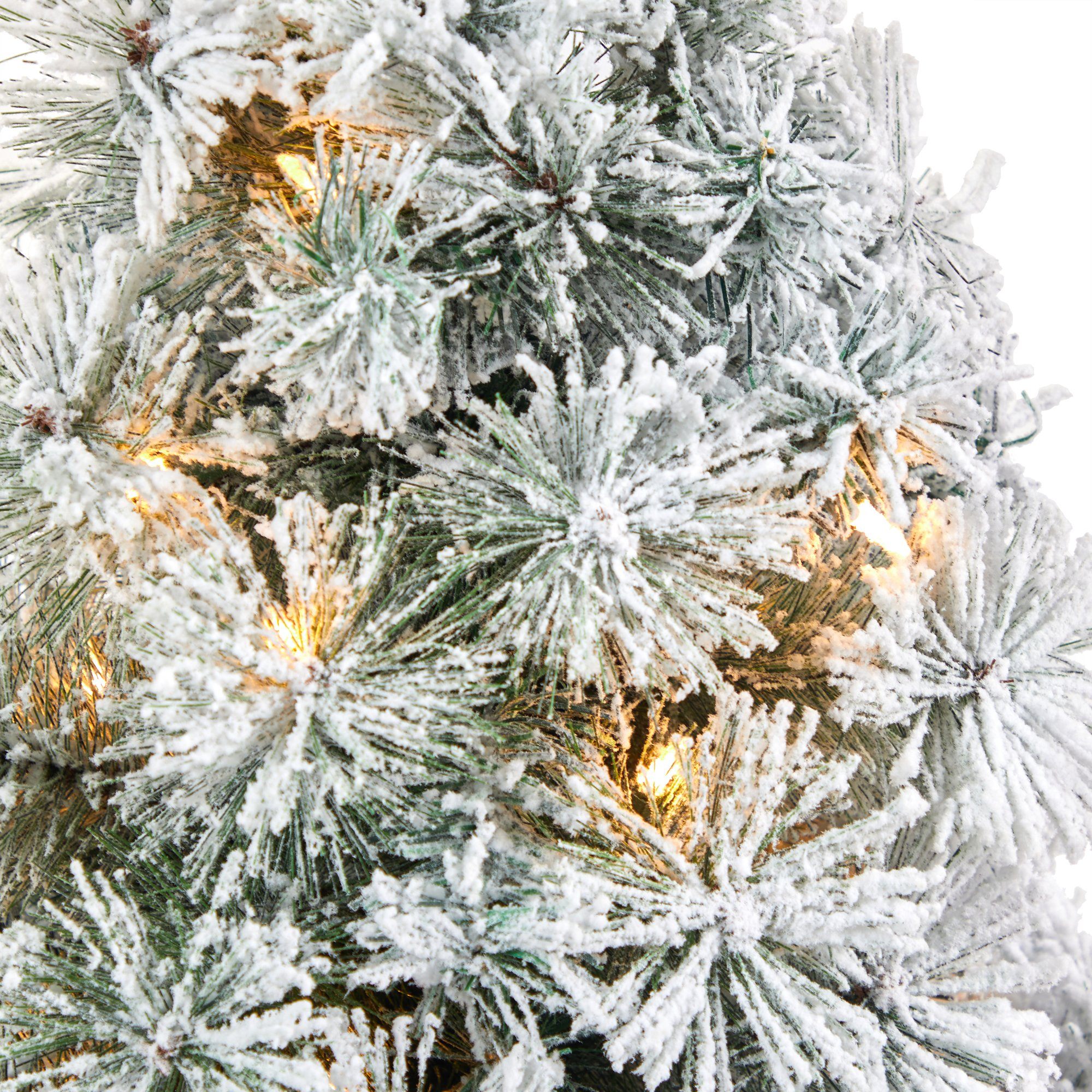 44” Flocked Oregon Pine Artificial Christmas Tree with 50 Clear Lights and 113 Bendable Branches in Charcoal Planter