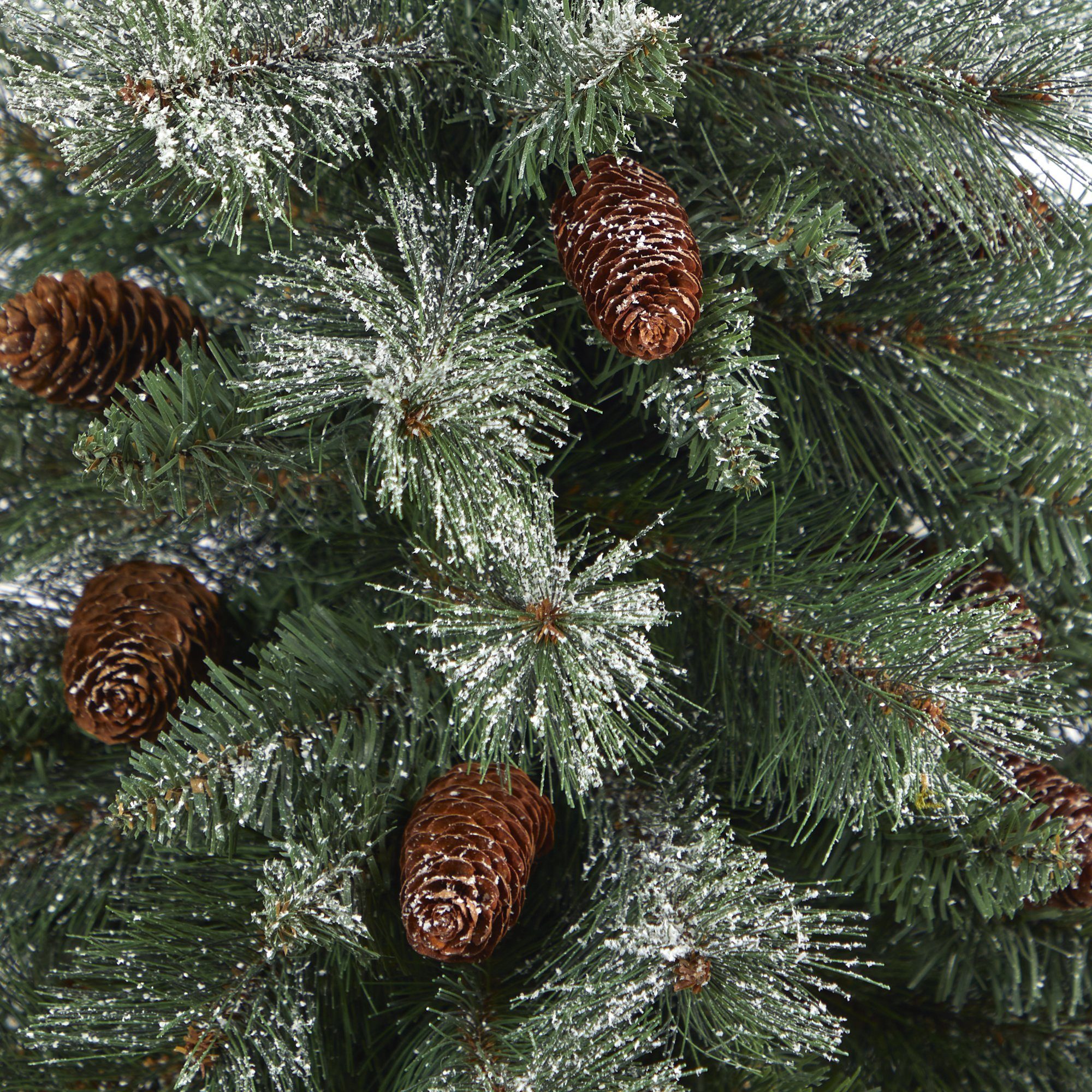44” Snowed French Alps Mountain Pine Artificial Christmas Tree with 135 Bendable Branches and Pine Cones in Red Planter