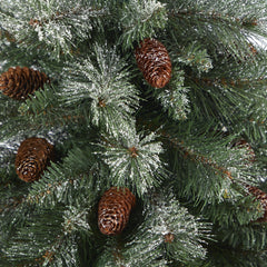 44” Snowed French Alps Mountain Pine Artificial Christmas Tree with 135 Bendable Branches and Pine Cones in Red Planter