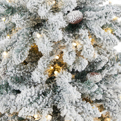4.5’ Flocked Livingston Fir Artificial Christmas Tree with Pine Cones and 150 Clear Warm LED Lights in Charcoal Urn