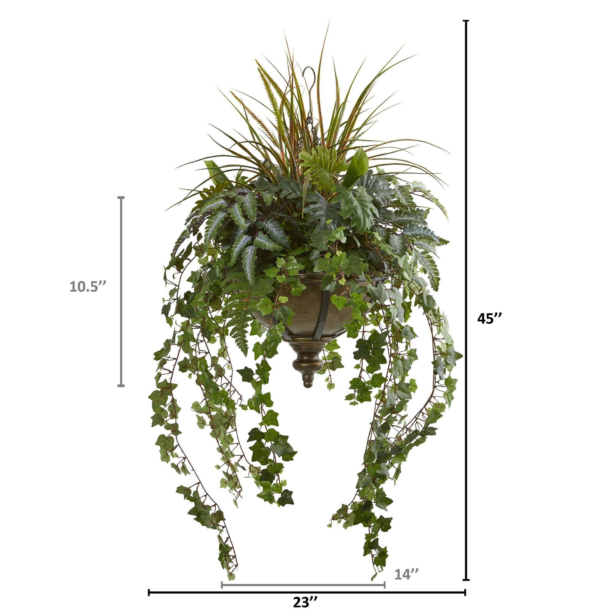 45” Ivy and Mix Greens Artificial Plant in Hanging Metal Bowl