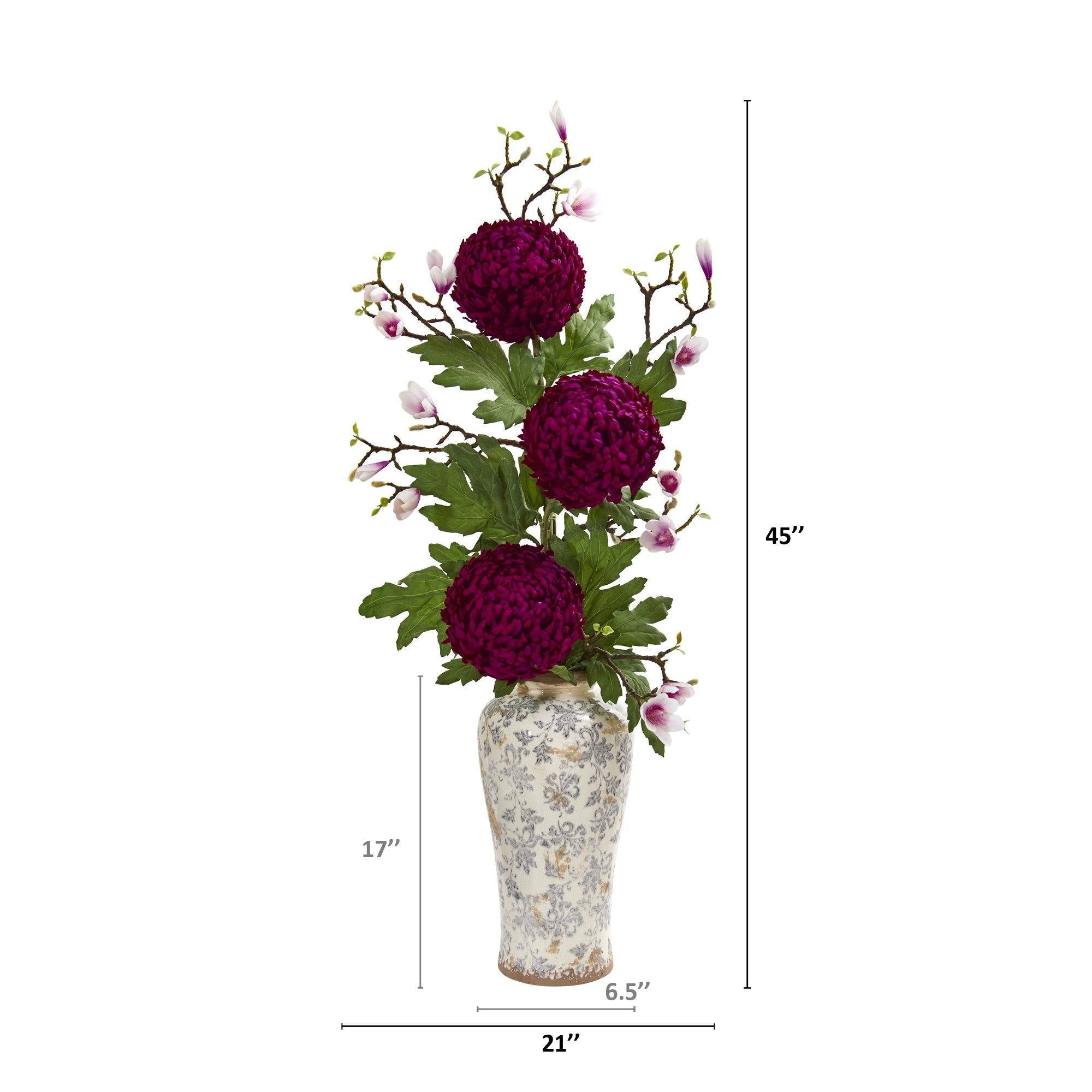 45” Magnolia and Mum Artificial Arrangement in Floral Vase