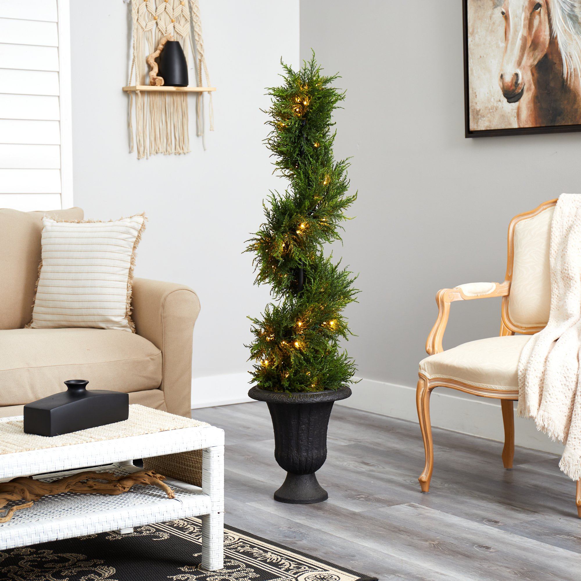 4.5’ Spiral Cypress Artificial Tree in Charcoal Urn with 80 Clear LED Lights UV Resistant (Indoor/Outdoor)