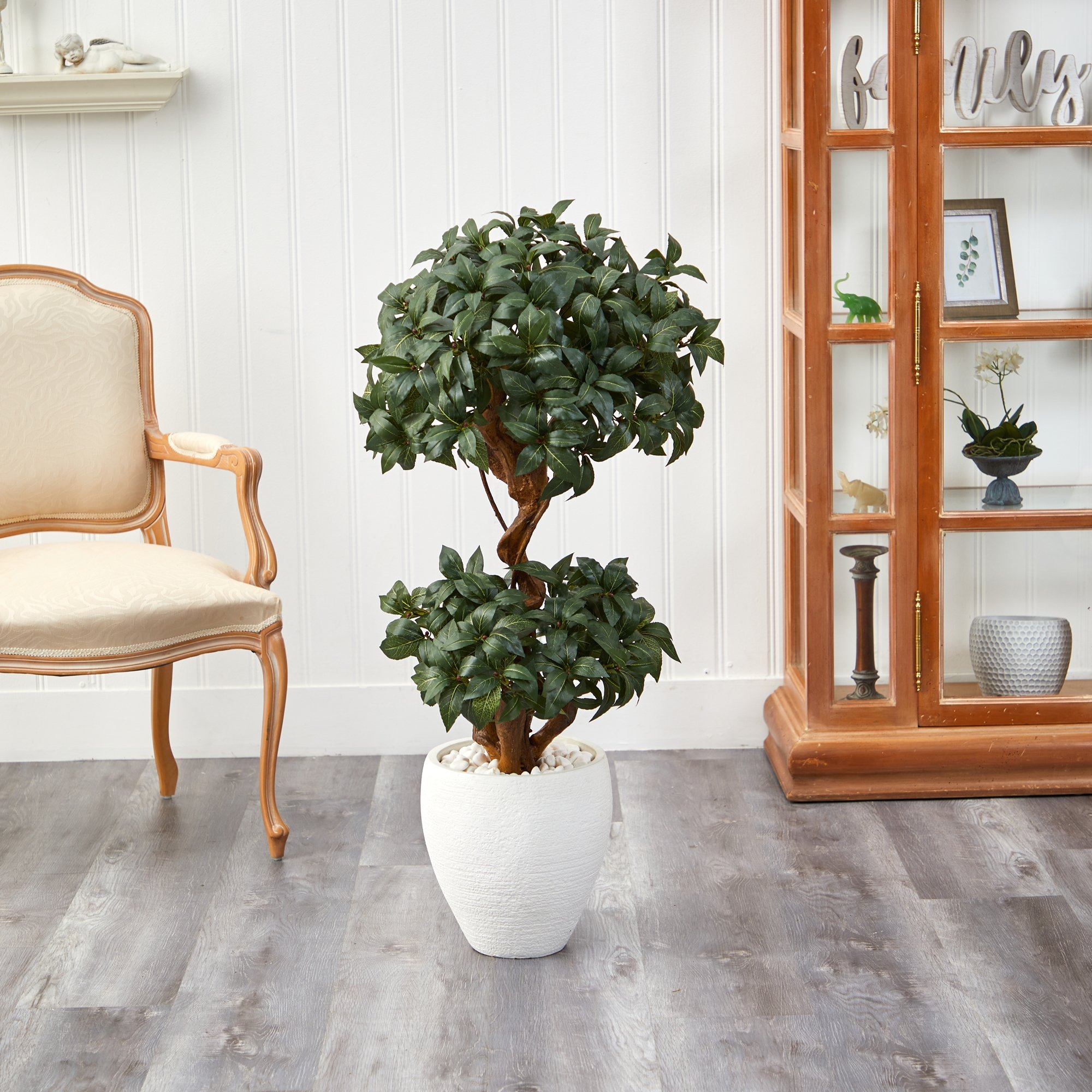 45” Sweet Bay Double Ball Topiary Artificial Tree in White Planter