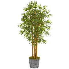 5’ Bamboo Artificial Tree in Black Embossed Tin Planter