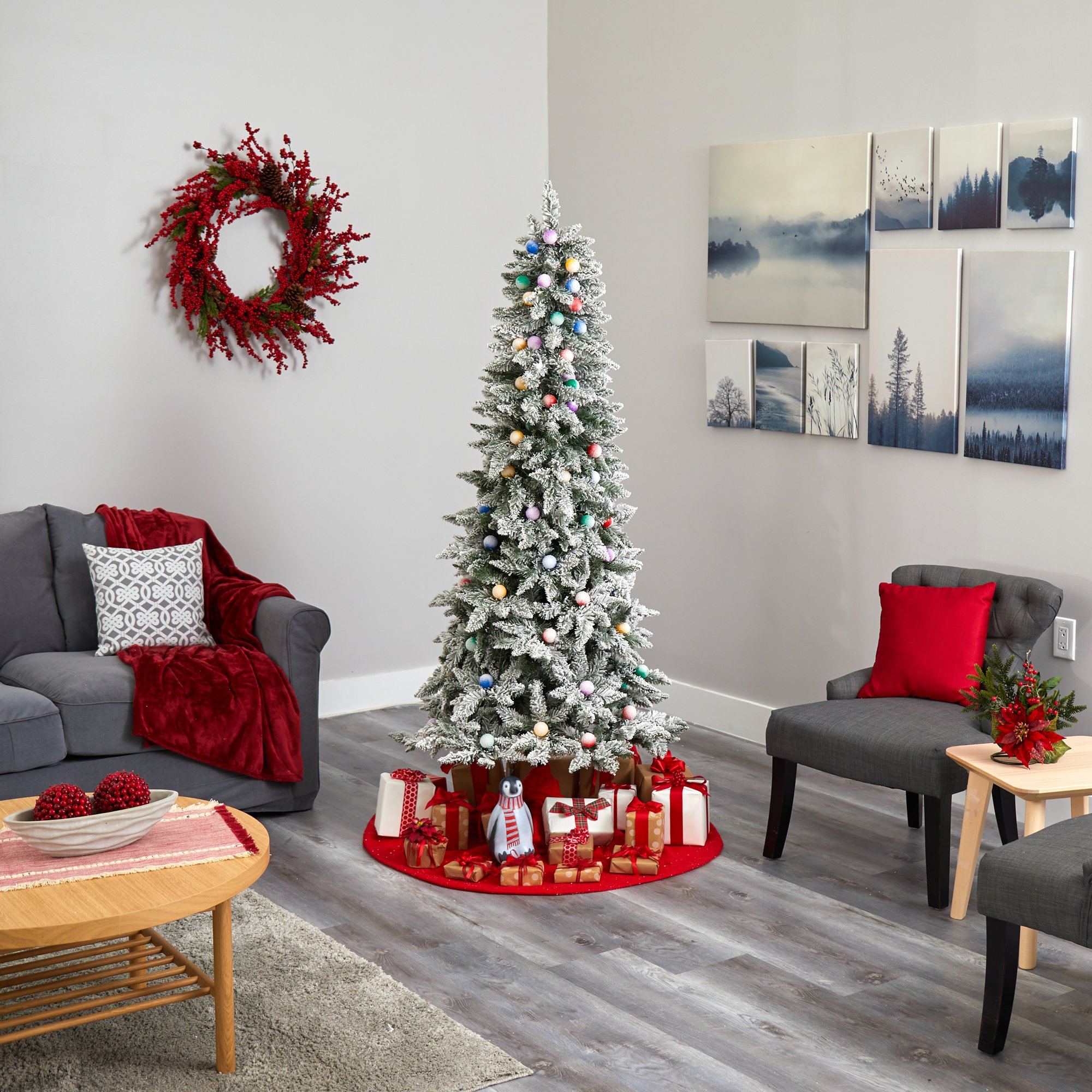 5' Flocked British Columbia Mountain Fir Artificial Christmas Tree with 50 Multi Color Globe Bulbs and 379 Bendable Branches