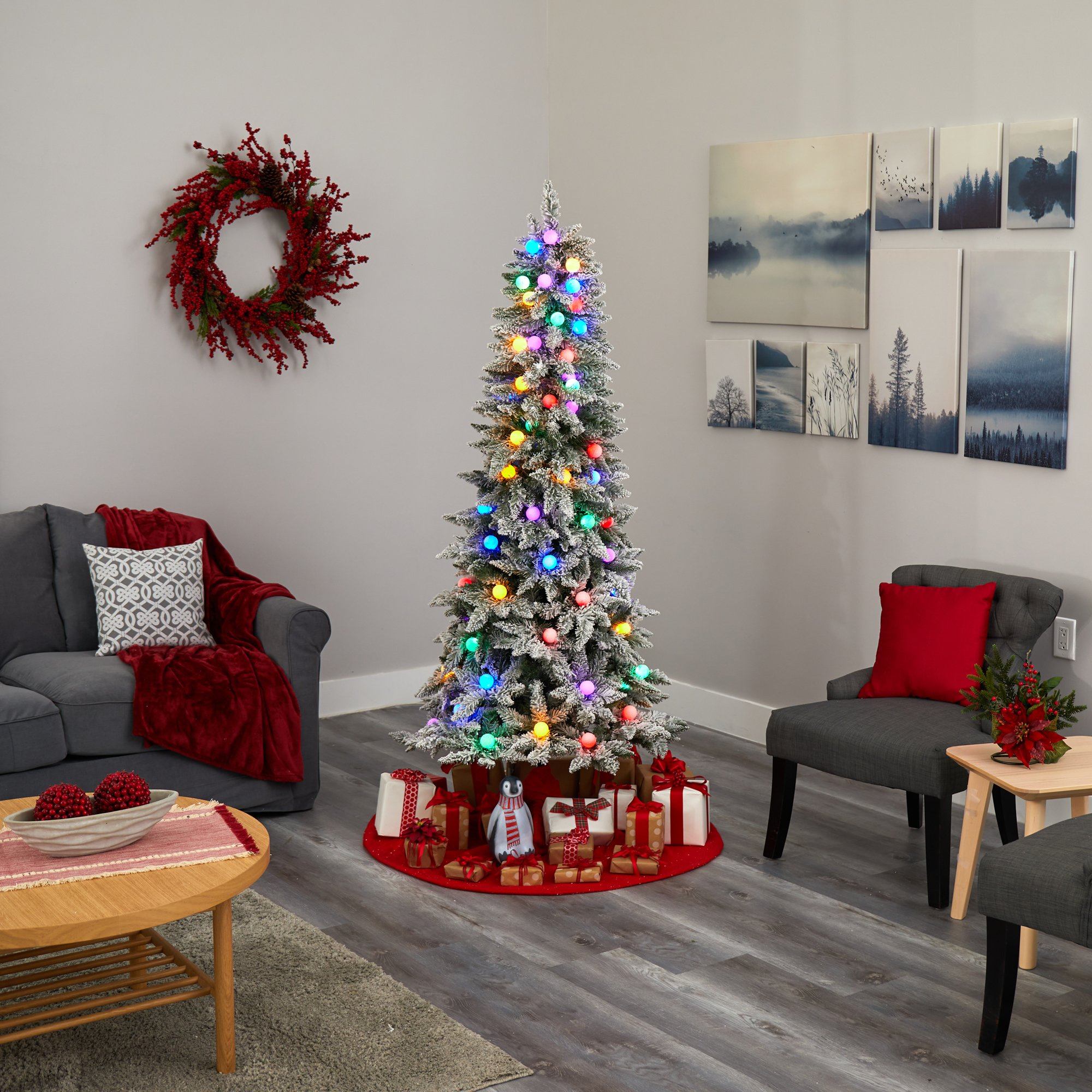 5' Flocked British Columbia Mountain Fir Artificial Christmas Tree with 50 Multi Color Globe Bulbs and 379 Bendable Branches