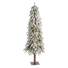 5’ Flocked Grand Alpine Artificial Christmas Tree with 200 Clear Lights and 469 Bendable Branches on Natural Trunk