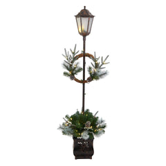 5’ Holiday Pre-lit Decorated Lamp Post with Greenery, Decorative Container and 50 LED Lights