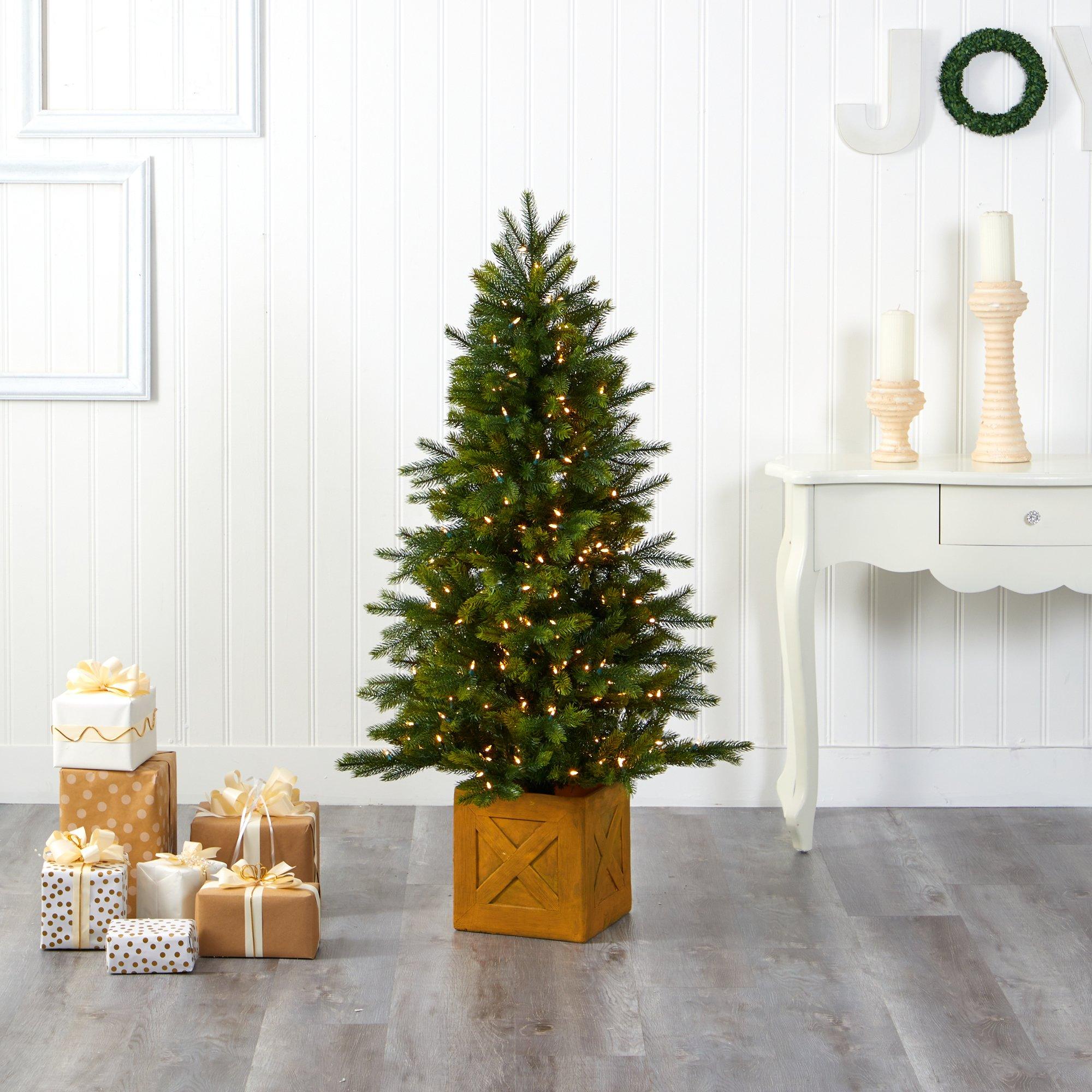 5' Manchester Fir Artificial Christmas Tree in Decorative Planter with 250 Clear Warm (Multifunction) LED Lights and 366 Bendable Branches