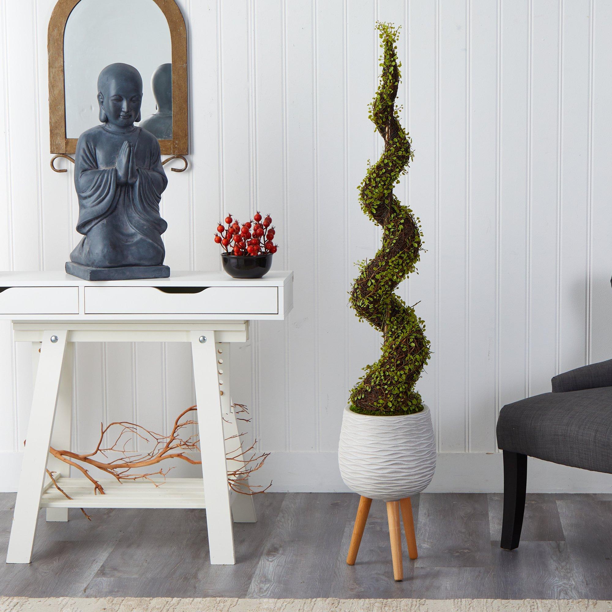 5’ Mohlenbechia Spiral Artificial Tree in White Planter with Stand