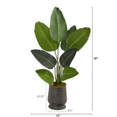 50” Traveler's Palm Artificial Tree in Ribbed Metal Planter