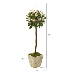 53” Rose Topiary Artificial Tree in Country White Planter
